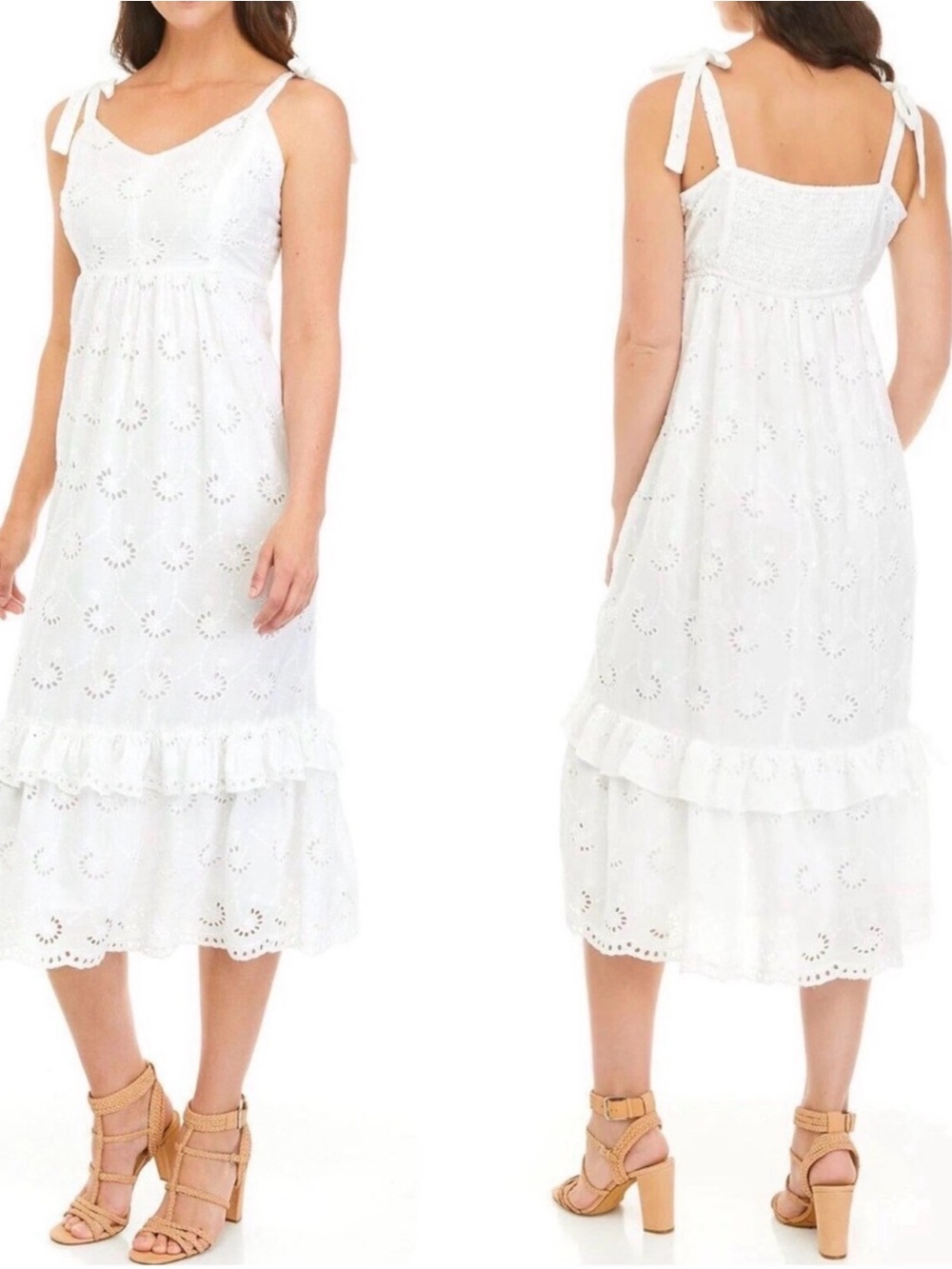 Taylor White Eyelet Tie-Shoulder Midi Dress